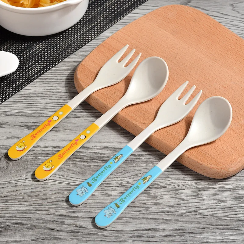 Bamboo Fiber Tableware Children Baby Fork Spoon Set Kindergarten Food