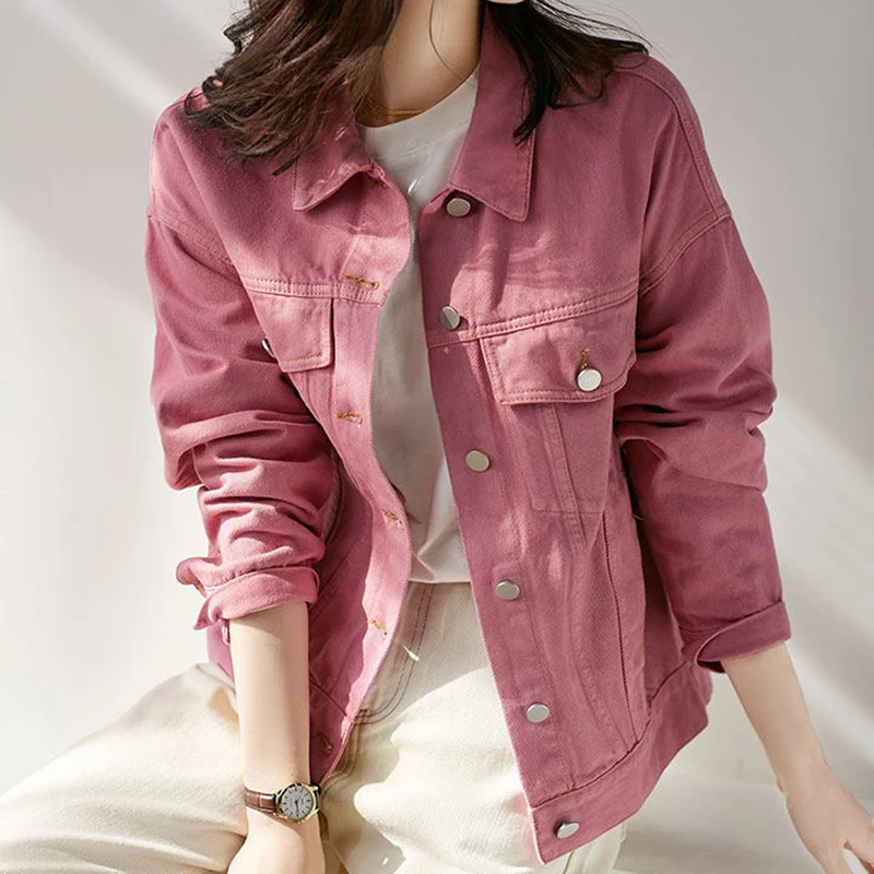 

Женская джинсовая куртка с карманами, однобортная, с отложным воротником