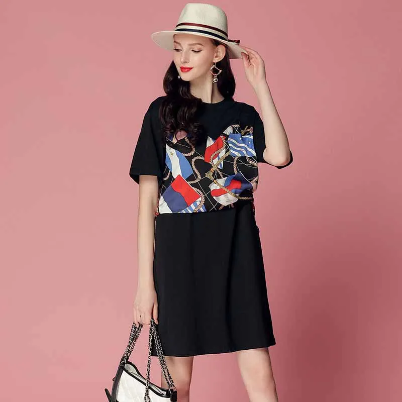 

WOMEN'S Dress 2019 Summer New Style Fashion Crew Neck Printed Joint Side Edge Bandage Cloth Mock Two-Piece Dress Fashion-