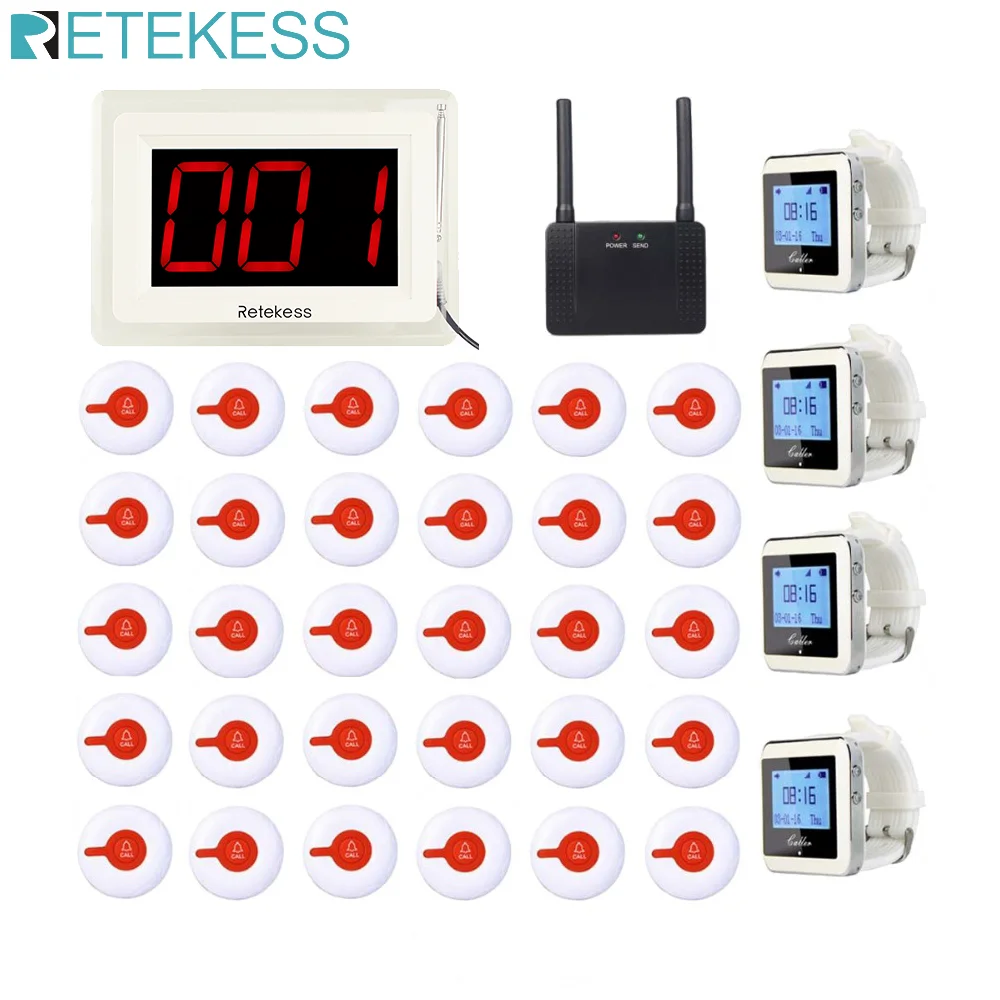 RETEKESS Wireless Calling System Restaurant Cafe Bar Clinic Pager Receiver Host+4 Watch Receiver+Signal Repeater+30 Call Buttons