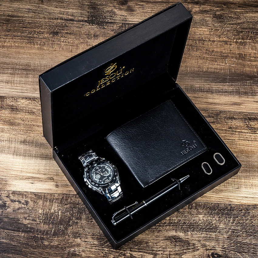 Рождественский подарочный набор для бойфренда папы мужские часы стальной ремешок кварцевые наручные часы деловые мужские Clcok кожаный бумажник Reloj Masculino