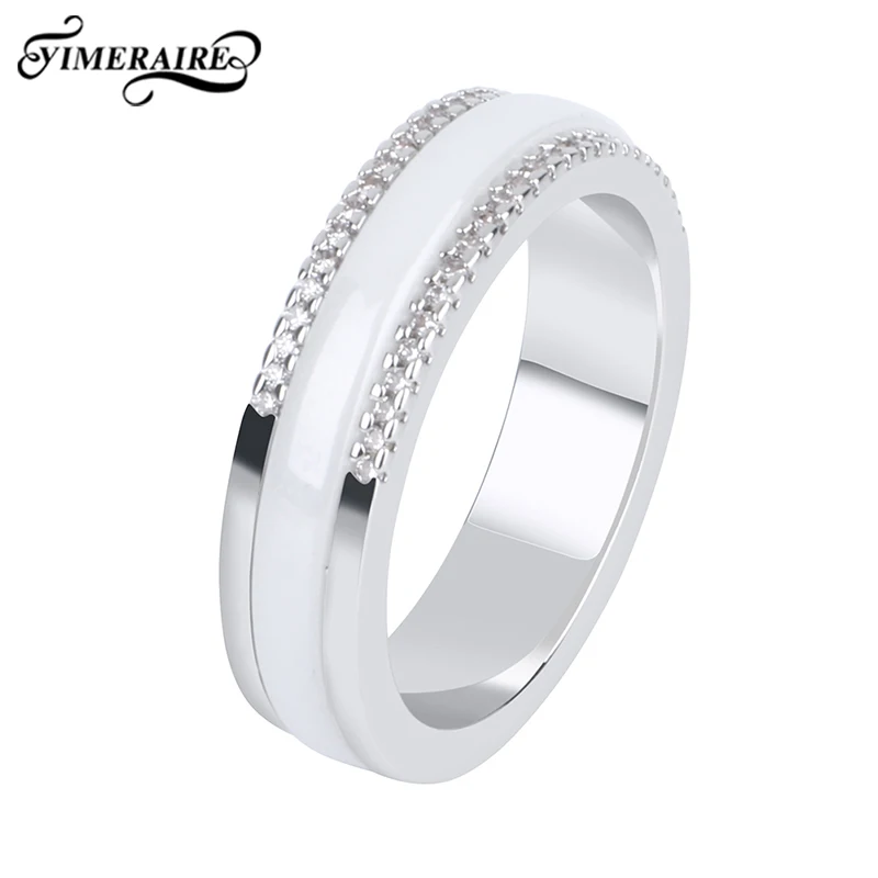 

Crystal Ceramic Rings For Women Round Simple Style Silver Finger Ring Elegant Design Wedding Anniversary Gift Black White Color