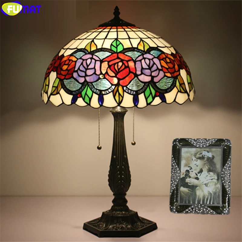 FUMAT tiffany style desk lamp red purple rose leaf lampshade table light alloy frame stained glass home decor handicraft 16 inch | Освещение
