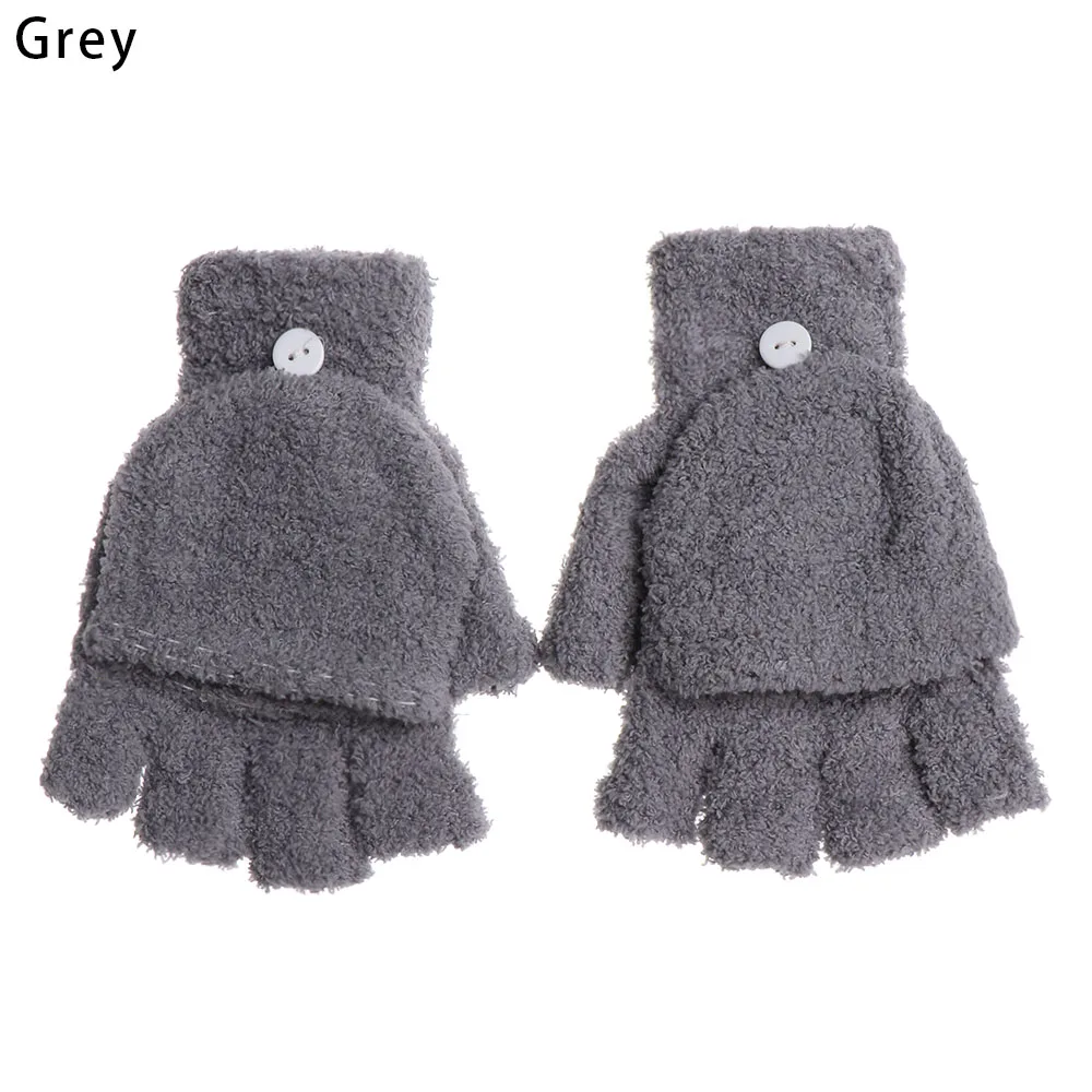 grey Дети Прекрасная зимняя теплая перчатки дети мультфильм толстый коралловый бархат варежки двойного назначения раскладушка половина пальца перчатка для шитья - Цвет: grey