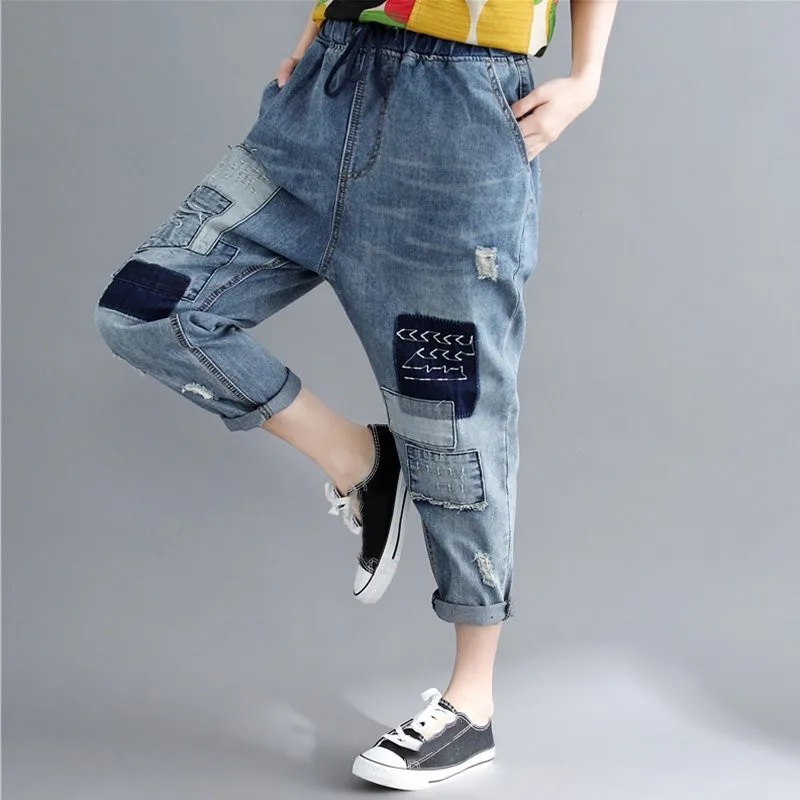Осенние свободные джинсы в стиле пэчворк женские джинсовые штаны с эластичным поясом и дырками повседневные джинсовые штаны-шаровары длиной до щиколотки