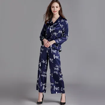 

Navy Blue Silk Satin Pyjamas Women Homewear Long Sleeve Sleepwear Lady Spring Autumn Pajamas Sexy Lingerie Pyjama Femme 2 Piece