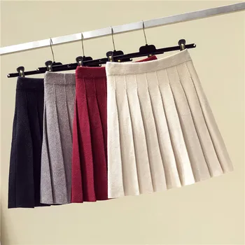

Winter Autumn 2019 Skirts Womens Pleated Knitting Wool Mini Skirt High Waist Elastic Solid Color Preppy Style Saia Midi Skirts