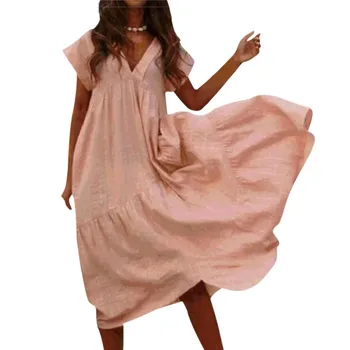 

Sweet Dress 2019 Women Cottonand Linen Ladies Dress Loose V-neck Waist Long-Sleeved Irregular Multi-color Long Dress