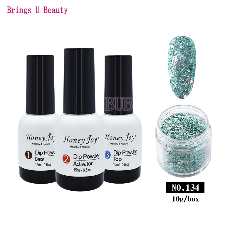 BU-15ml BAT-10g134 4 in 1 Dipping Powder Tool Kits Set 10g Shine Glitter Dip Powder 15ml Base Coat Top Coat Activator Natural Dry Long Lasting - Цвет: BU-15ml BAT-10g134