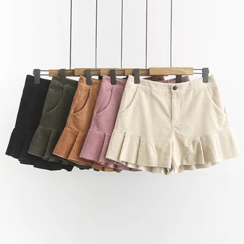 

Plus Size 3XL 4XL High Waist Corduroy Shorts Women Casual Black Pink Short Femme Ruffle Women Shorts Fashion Ladies Shorts C6065