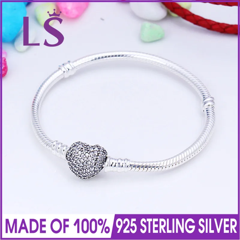 LSLuxury 925 пробы Серебряный браслет в форме сердца и прозрачный CZ для женщин подходит для оригинальных бусин