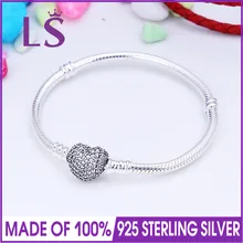 LSLuxury 925 пробы Серебряный браслет в форме сердца и прозрачный CZ для женщин подходит для оригинальных бусин