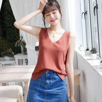 

Women's Summer Sleeveless Linen Knitted Waistcoat with Bottom Sling for Ladies Pure Color Vest