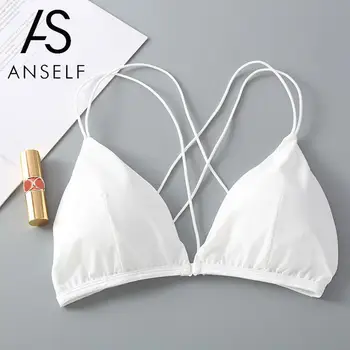 

Sexy Bra Women Bra Stretch Ribbed Wire Free Triangle Cups Padded Front Closure Strappy Bandage Lingerie Push Up Bra Bralette