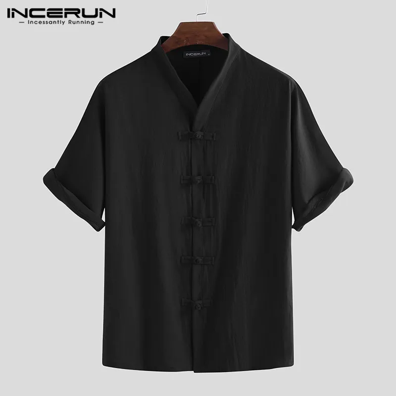 Black Shirt INCERUN, китайский стиль, мужская рубашка, короткий рукав, хлопок, Ретро стиль, v-образный вырез, повседневные, одноцветные топы, на пуговицах, высокое качество, уличная одежда, рубашки для мужчин - Цвет: Black Shirt