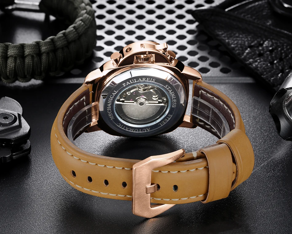 Automatic Self Wind Mechanical Genuine Brown Leather Strap Multifunction Date Month Yellow Green Luminous Rose Gold Men Watch