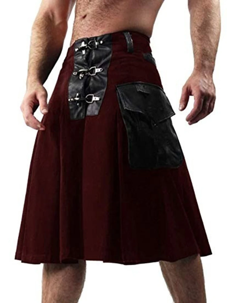 SFIT Мужская юбка с поясом, плиссированная юбка, двусторонняя юбка с карманами и цепочкой, коричневая Готическая панк шотландская юбка, комплект с карманами, юбки для мужчин