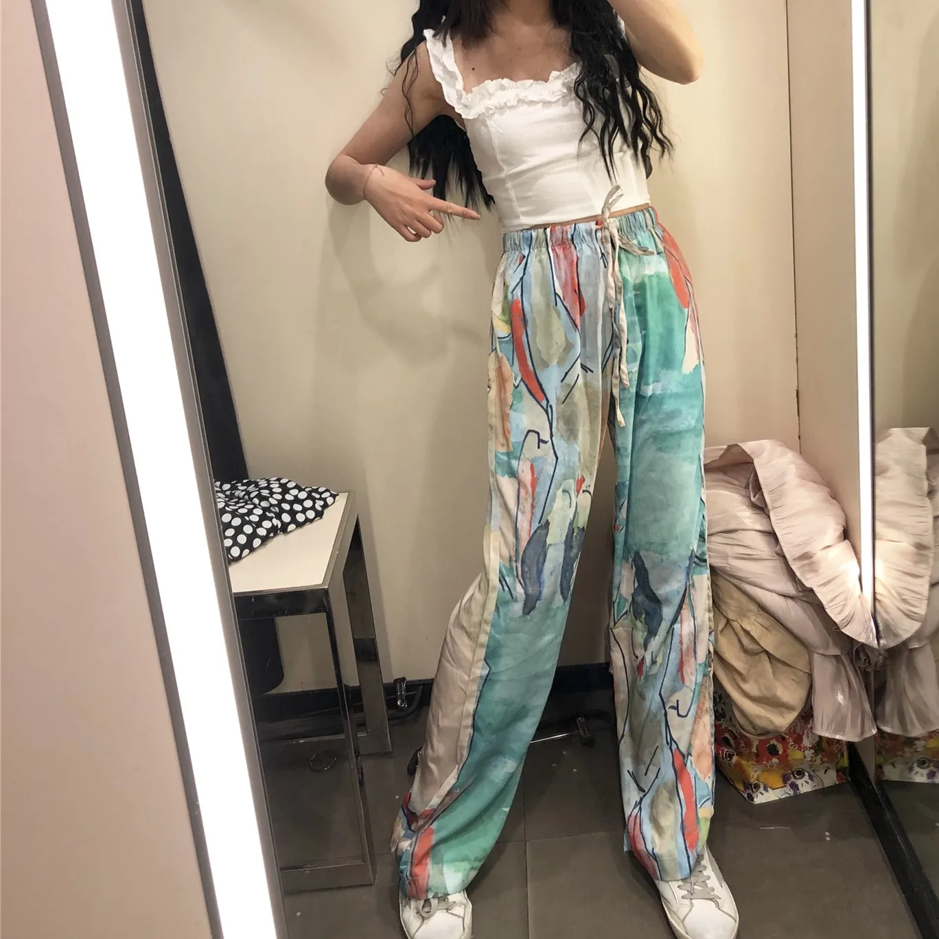 CHEERART Watercolor Print Wide Leg Pants Women Summer Trousers Loose High Waist Drawstring Pants Fashion Streetwear Trendy