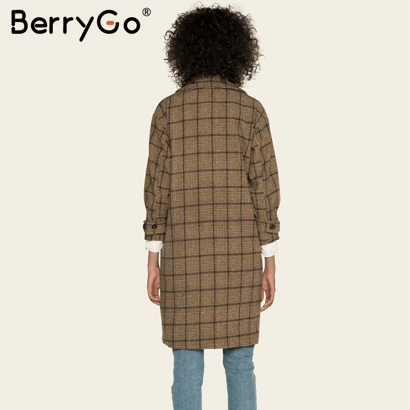 BerryGo Винтаж твидовый в клетку длинное пальто для женщин осень зима офисные женские пальто свободные пуговицы карманы женское теплое пальто из смешанной шерсти