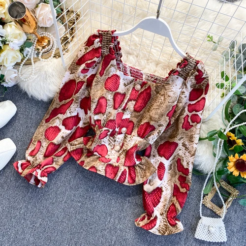 red Neploe, сексуальный змеиный принт,, Женская Осенняя рубашка, блуза, Ретро стиль, квадратный вырез, длинный рукав, эластичность, тонкая талия, модные топы 56412 - Цвет: red