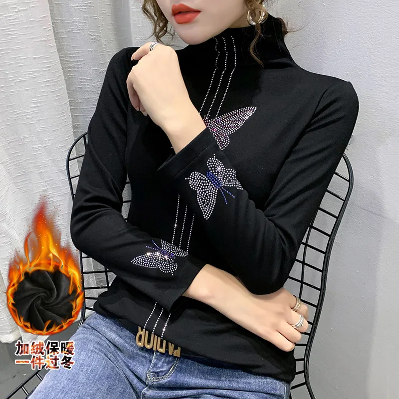 

2020 New Women Clothing Top Shirts Cotton Diamonds Print Turtleneck Shirts Plus Size Full Office Lady Elegant Solid Winter Shirt