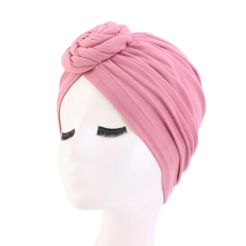 Women Turban Cotton Top Knot Flower Decor Headwrap Muslim Ladies Hair Cover Beanie Head Wear Solid Color India Hat Accessories