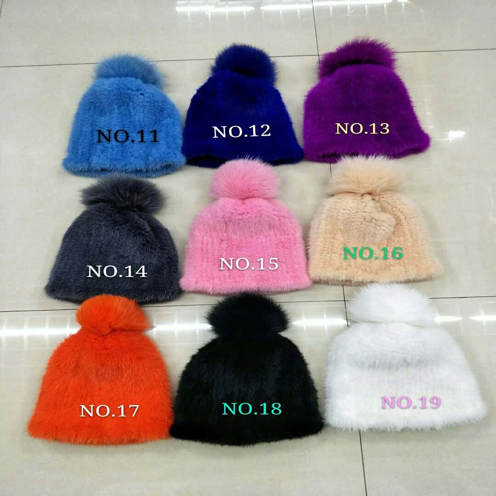 knitted Mink Fur Hat styles female fur Cap Women Winter Headwear girls hats for beanies - Цвет: DARK GREY 14