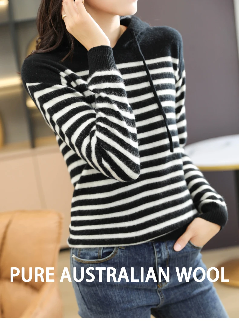 Striped Hoodie Sweaters 2021 New Knitted Jumpers Long Sleeve Fashion Winter Cashmere Pullovers blue sweater