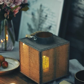 

Portable Wooden Candlesticks Square Rope Braided Wind Lamps Courtyard Living Room Craft Decoration Lantern Candle Holder Gift