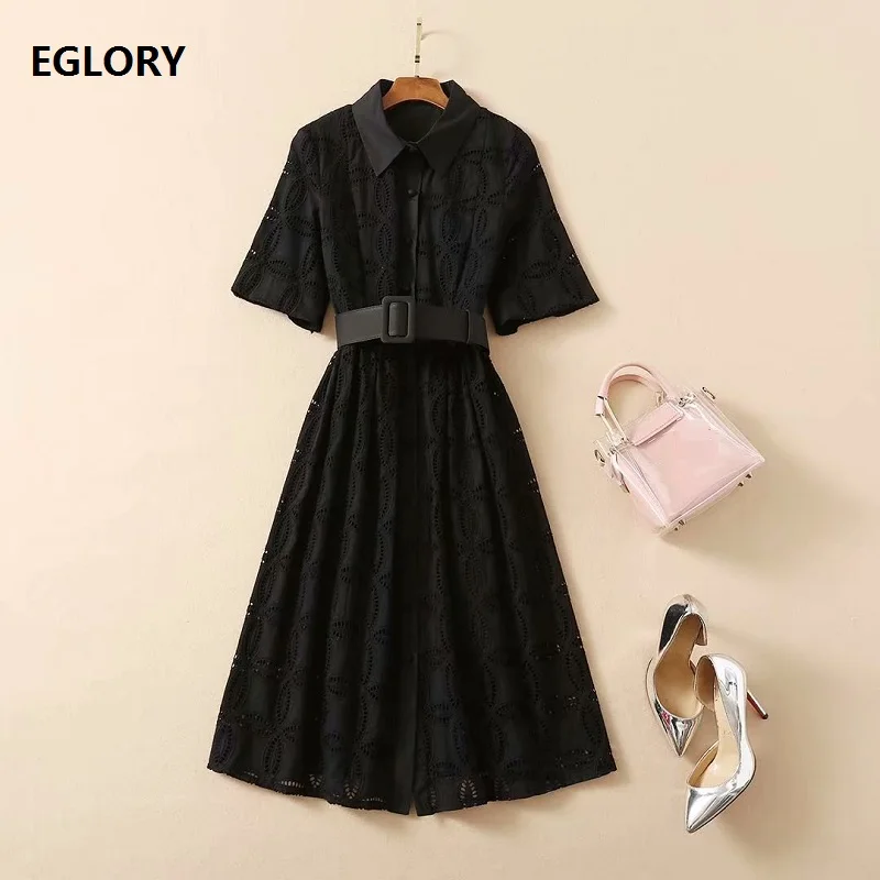 

Hollow Out Embroidery Dress 2021 Spring Summer Women Turn-down Collar Wide Belt Patchwork Short Sleeve Black Long Shirt Dress