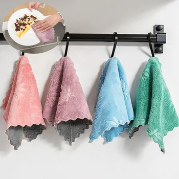 

Super Absorbent Coral Fleece Kitchen Cleaning Cloth Double-sided Scouring Pad No-lint No-oil Rags Printed Maple Leaf Dish Cloth