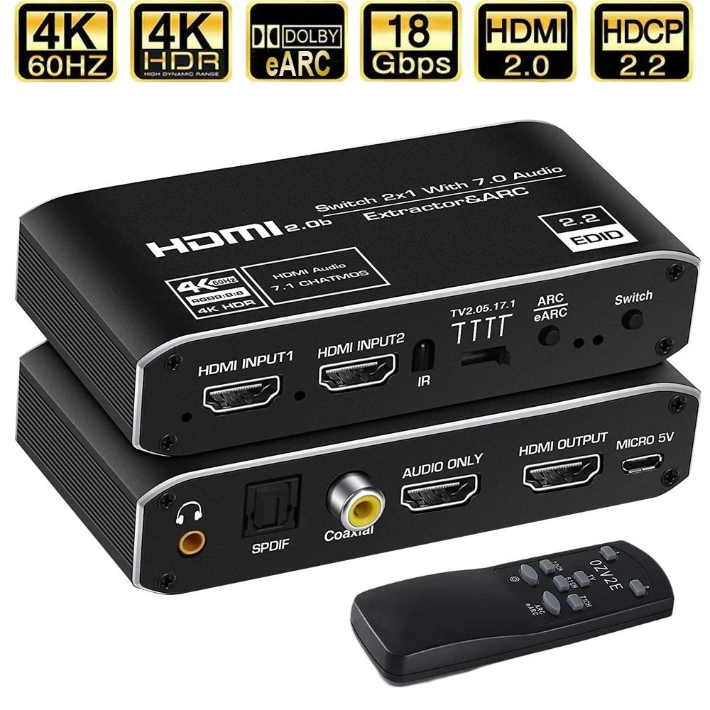 2X1 4K 120Hz Hdmi Switch Earc Estrattore Audio Arc & Optical Toslink Hdmi 2.0 Switch 4K Hdmi Switcher Remote Per Apple Tv Ps4