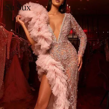

Sequins Evening Party Long Dress Women Sexy Deep V-Neck Bodycon Ruffles Maxi Dress Gowns Nightclub Robe Vestidos 2020 Spring