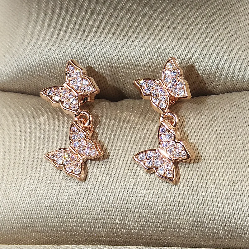 Серебряные золотые бабочка из розового золота милые серьги с цирконием камень для женщин модные ювелирные изделия новые корейские серьги
