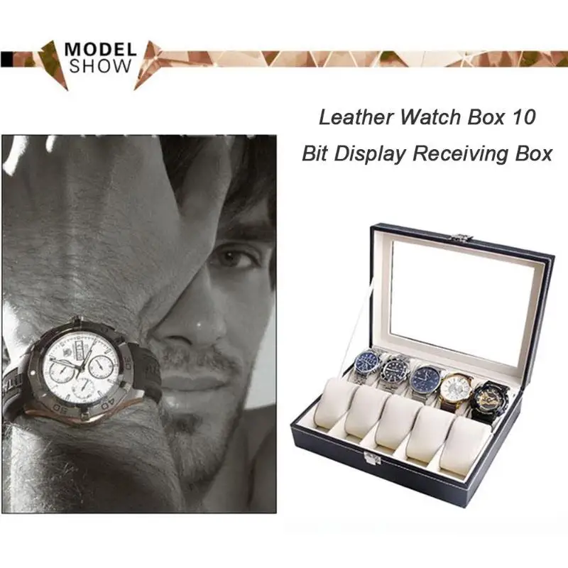 10 сетки из искусственной кожи коробка для часов, чехол High-end часы Чехол PU Watch Дисплей Подарочная коробка прозрачное покрытие часов