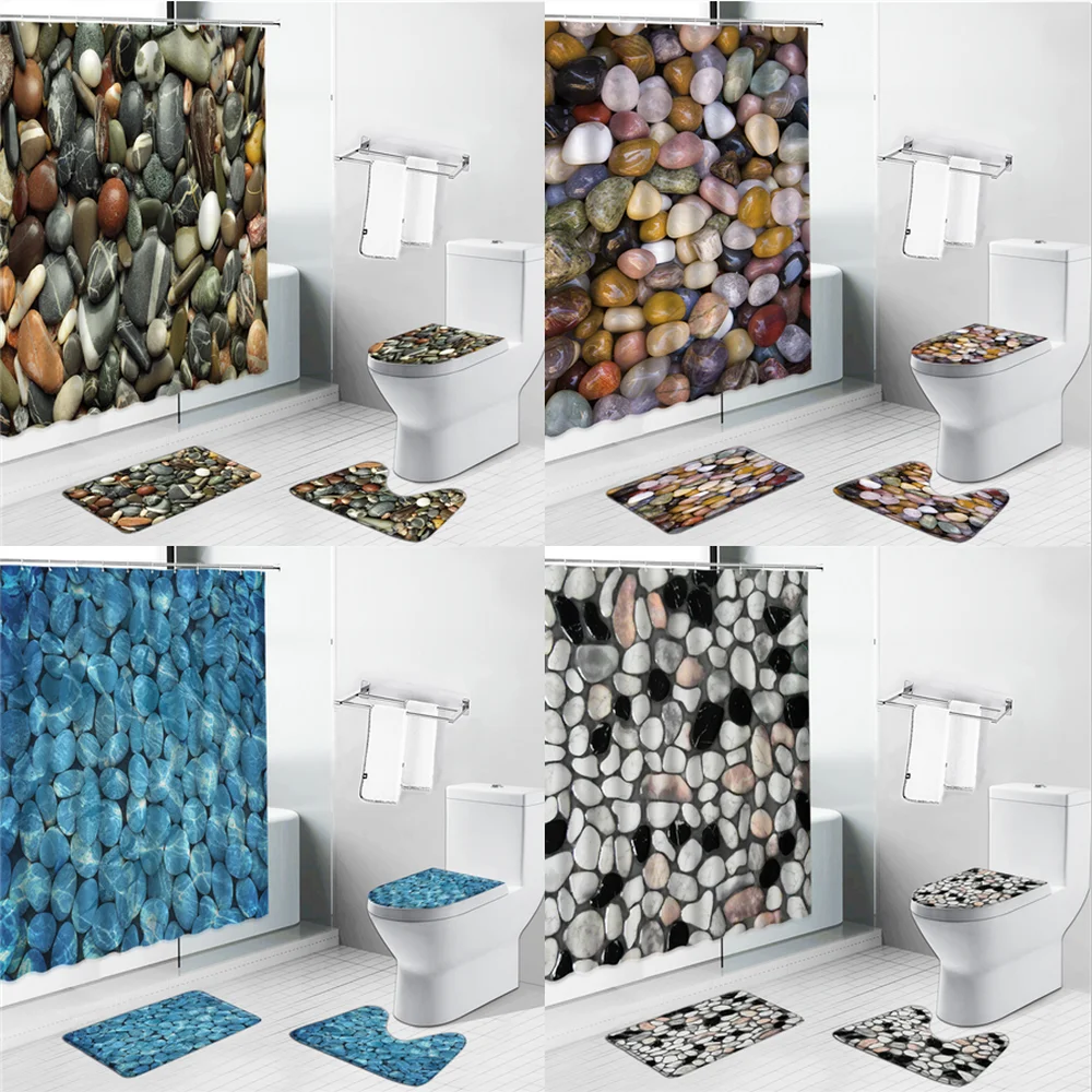 

Natural Stone Shower Curtains Bath Mats Modern Style Bathroom Home Decor Floor Toilet Seat Cover Non-slip Foot Mat Luxury Set