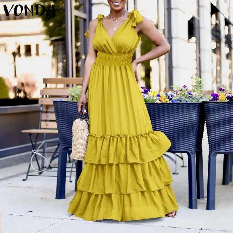 Women Maxi Long Dress 2022 VONDA Sexy Solid Color V Neck Sleeveless