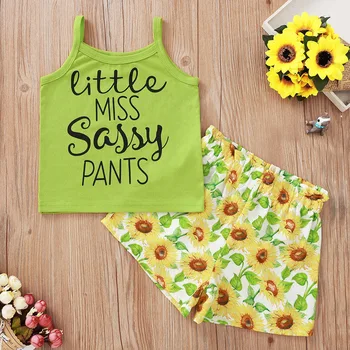 

Malapina Child Girl Clothes Set Kids Round Neck Suspender Top Sunflower Shorts Outfits Summer 2Pcs Set Casual Costume 1-5 years