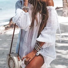

Plus Size Beach Cover Up Women Off Shoulder Loose Chiffon Long Sleeve Kimono Beachwear Bathing Suit Sexy Beach-Outing Outfits