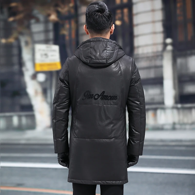 

Sheepskin Genuine Men Winter Warm Duck Down Coat Hooded Mens Leather Jacket 12088-02 YY692