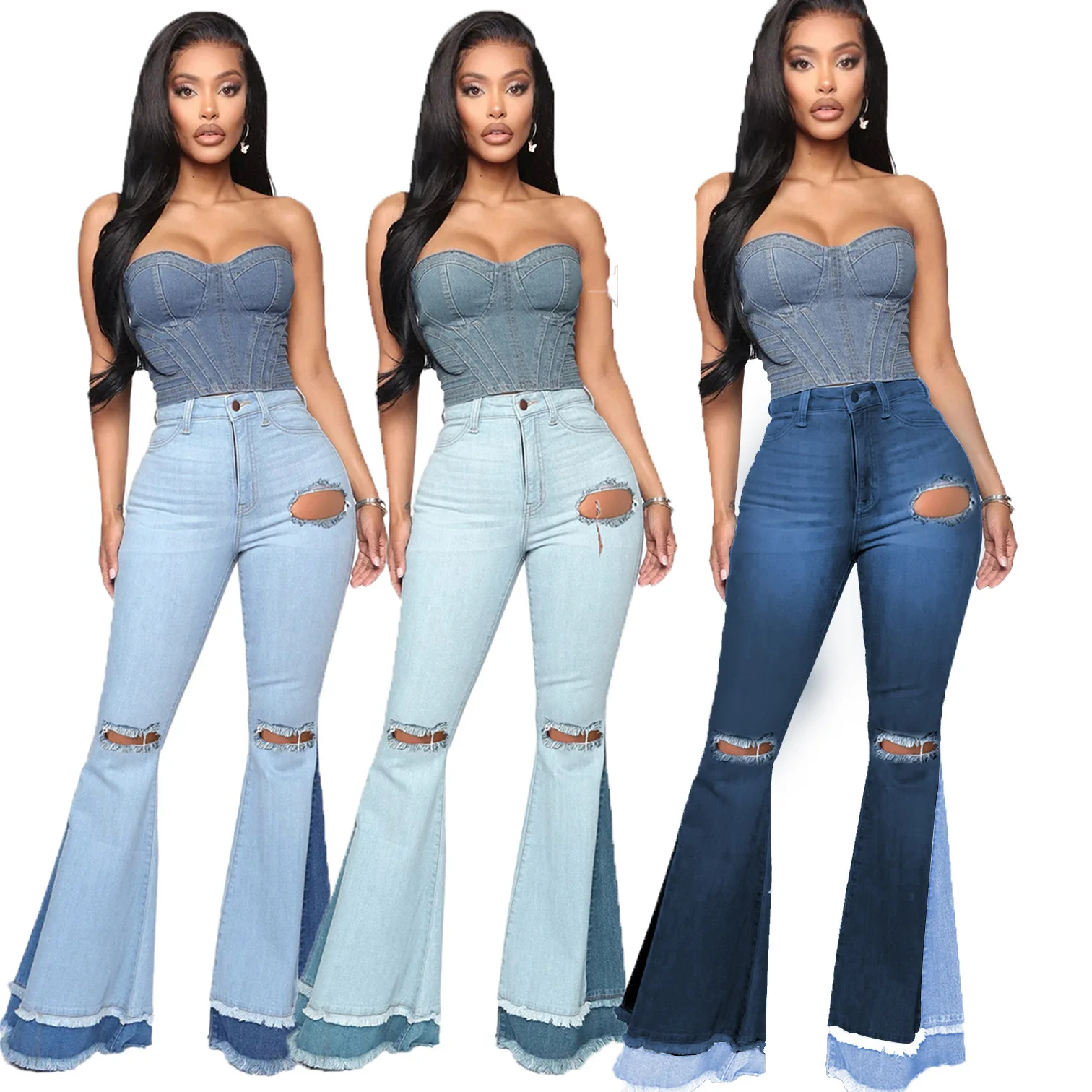 European and American women's fashion all-match color matching frayed slim stretch mother jeans wide-leg pants flared pants