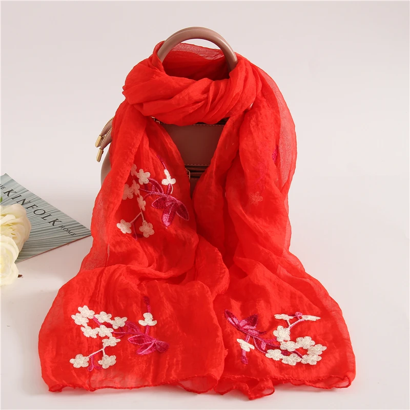 Embroidery Silk Scarves for Women New Fashion Floral Print Shawls and Wraps Thin Long Pashmina Lady Neck Scarf Hijab Femme