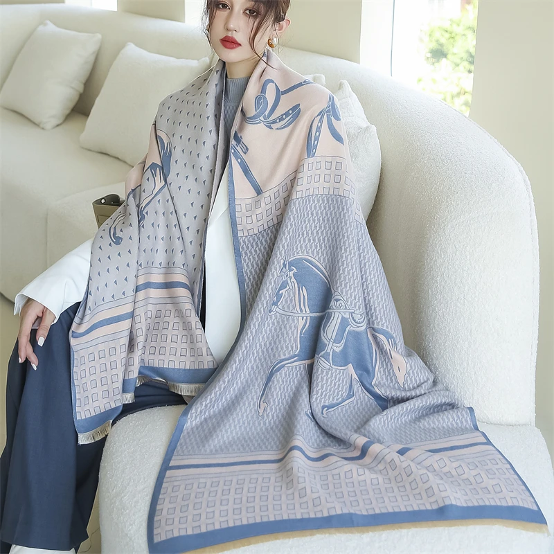 

Luxury Brand Scarf Cashmere Winter Horse Printed Lady Pashmina Foulard Women Shawls Female Wraps Warm Soft Thick Blanket New