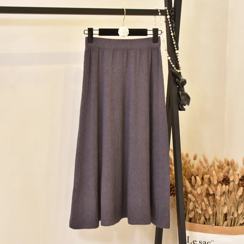 Women Autumn Winter A Line Empire High Waist Elegant Long Sweater Skirt twill stripe - Color: Dark Grey