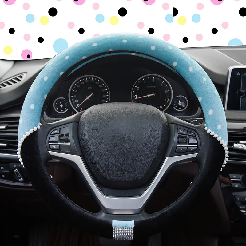 

Car Mounted Steering Wheel Cover Winter Models Short Plush Cute Polka Dot Diamond Medium 38cm Circle Car Grip Cover