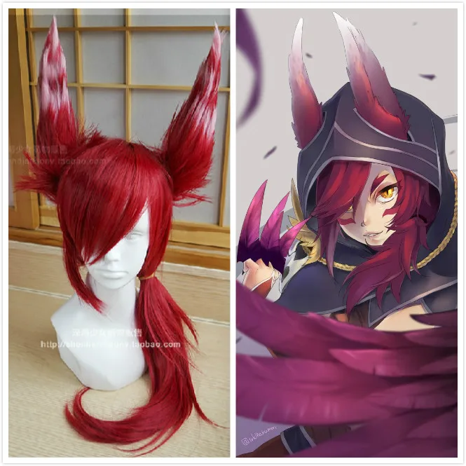 LOL Rebel Xayah с ушками парик красный 70 см термостойкие синтетические волосы Косплей