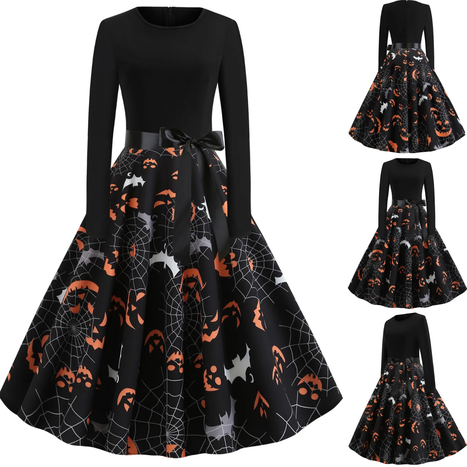 2021 Women's Halloween Digital Printed Waist Long Sleeve Stitching A-line O-neck Dress Autumn And Winter Evening Party Vestidos 2