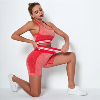 

2 PCS Women Summer Seamless Bra Set Fitness Sports Suits Gym Clothing Sleeveless Tops Bra High Waist Shorts Workout Pants Set