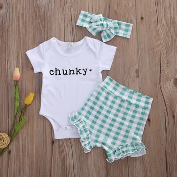 

2020 Baby Summer Clothing Toddler Baby Girls Summer Clothes Set Short Sleeve Romper Top +Green Plaid Shorts +Headband Outfits