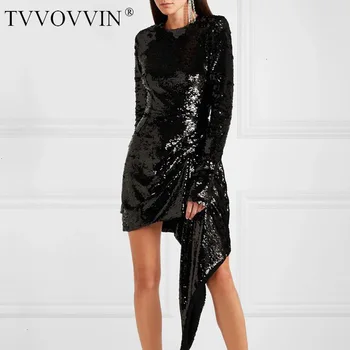 

TVVOVVIN 2019 Autumn Irregular Paillette Embroidery Reveal Back Long Sleeve Package Buttocks Urban Sexy Dress Woman ZX066